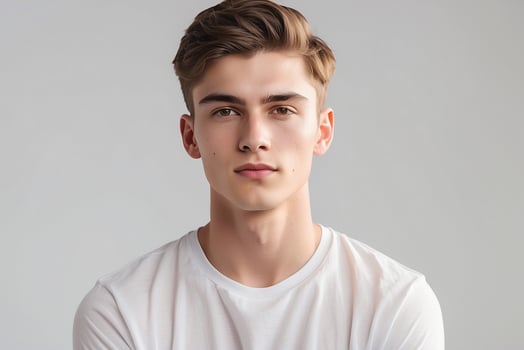 A young man in a white t - shirt photo