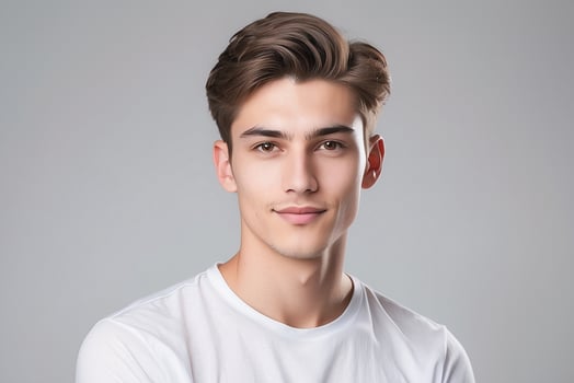 A young man in a white t - shirt photo