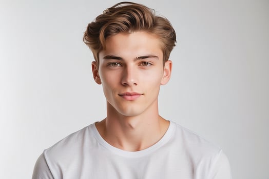 A young man in a white t - shirt photo