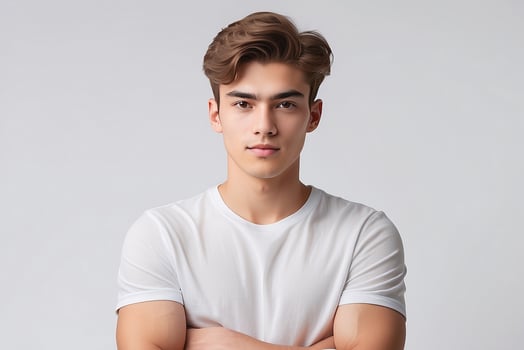Young man in white t - shirt standing with arms crossed photo