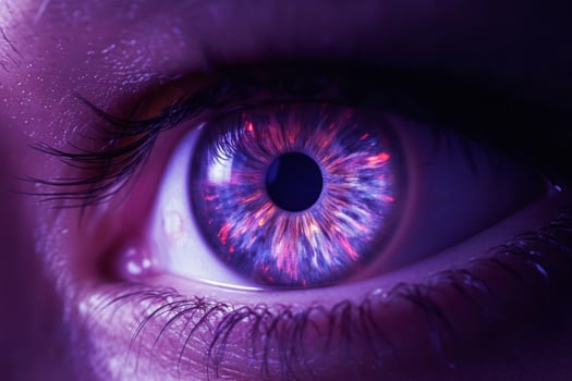 A close up of a human eye with a purple iris and a galaxy inside, purple skin around the eye photo