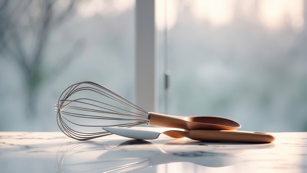 Whisk and spatula resting on a kitchen counter during soft morning light photo