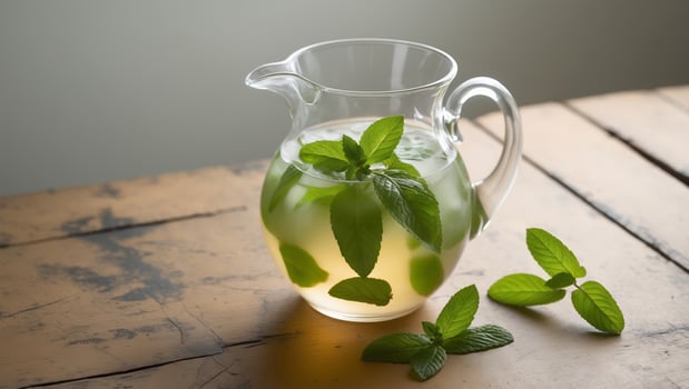 Fresh mint tea in a glass pitcher on a rustic wooden table with mint leaves around photo
