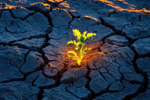 Resilient Plant Emerging from Cracked Earth at Sunset photo