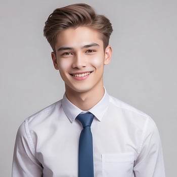 A young man in a white shirt and blue tie photo