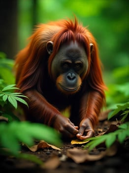 A Sumatran Orangutan foraging for food on the forest floor, surrounded by vibrant green ferns and decaying leaves in the humid environment photo