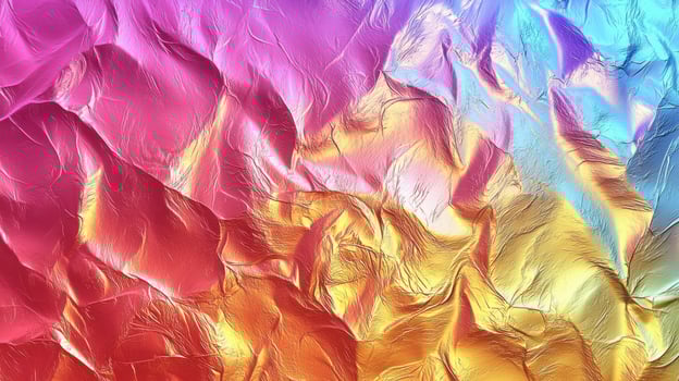 The vibrant composition showcases flowing waves and folds in rich colors like pink, orange, and gold, creating an energetic and dynamic atmosphere in bright light photo