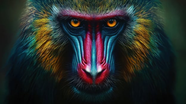 A close up of a colorful baboon's face photo