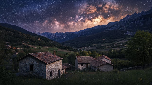 A house in the mountains with a milky sky photo