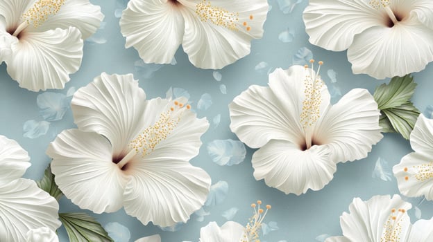 White hibiscus flowers on blue background photo