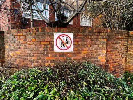 Brick wall with no littering sign and urban greenery in foreground photo