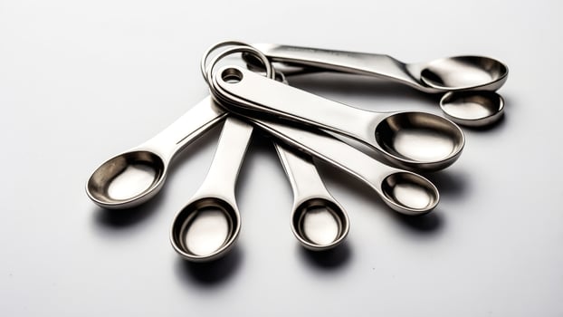 Stainless steel measuring spoons arranged in a circular pattern on a white surface for culinary use photo