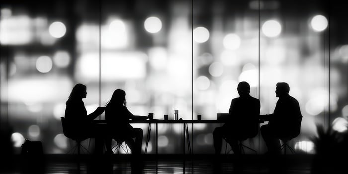 Business meeting with silhouettes in front of a blurred city backdrop during nighttime photo
