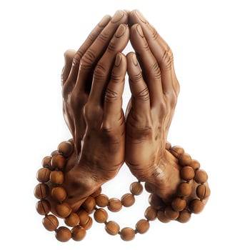 A pair of intricately detailed hands in a prayer position, adorned with wooden prayer beads. photo