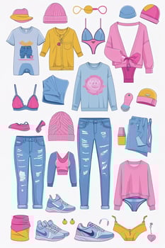 Colorful collection of casual clothing and accessories displayed for a summer wardrobe update photo
