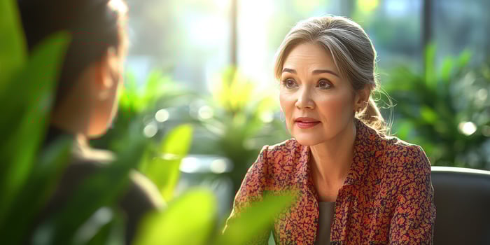 Professional woman engaged in conversation with a colleague surrounded by lush greenery in a bright office environment photo