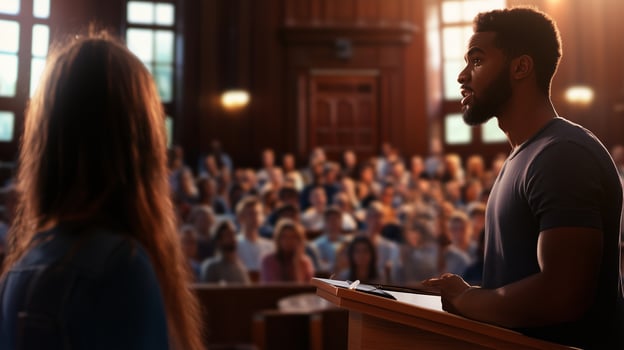Individuals engage in a public speaking event in a large auditorium during a well-attended assembly photo