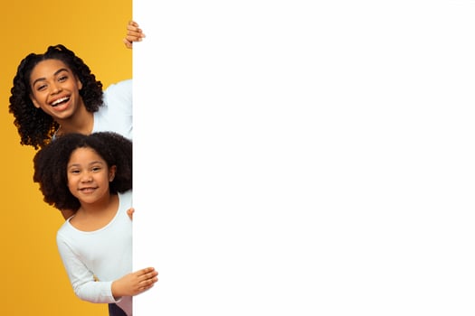 Free Space For Your Text. Cheerful Black Mom And Daughter Peeking Out Of Behind White Advertisement Board, Pink Background photo