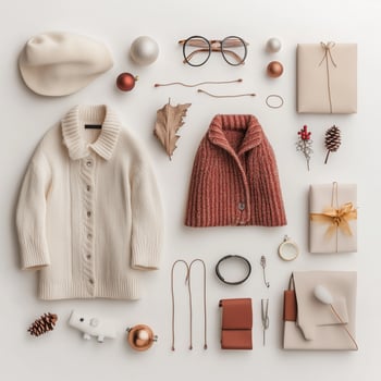 Cozy autumn accessories and holiday gifts arranged neatly on a soft background photo