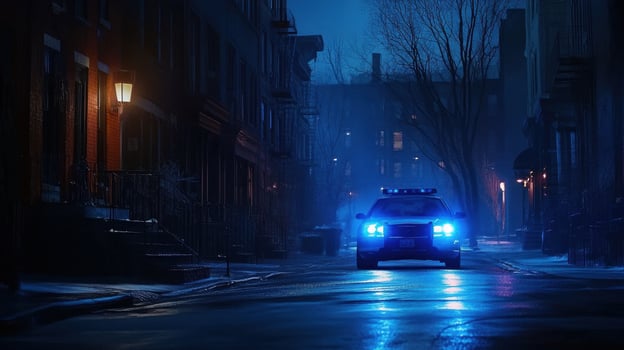 A dimly lit street at night with a police car's blue lights illuminating the scene. photo
