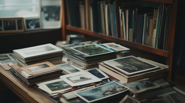 Old photographs scattered on a wooden table in a cozy room with shelves of books and a warm atmosphere photo
