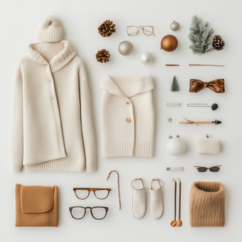 Cozy winter outfit and accessories arranged artfully on a neutral background for seasonal fashion inspiration photo