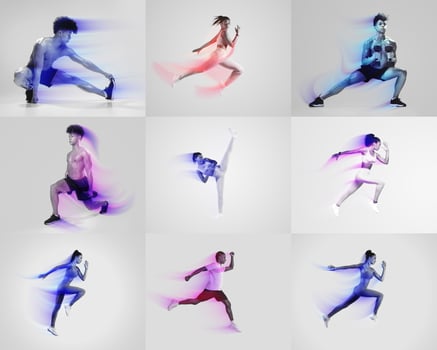 This creative depiction features a collage of diverse individuals engaging in various athletic activities. photo
