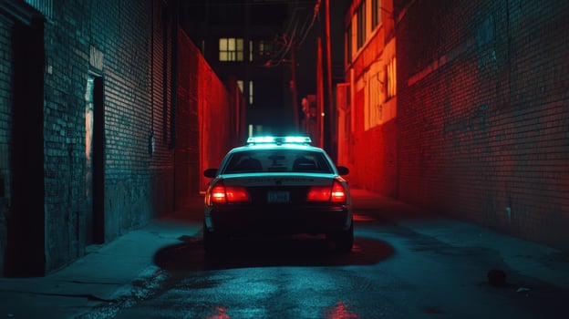 A police car illuminated by blue and red lights in a dimly lit urban alleyway. photo