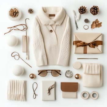 Cozy winter essentials displayed artfully on a flat surface with neutral tones and seasonal accents photo