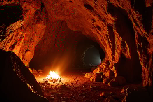 A fire is lit in a cave at night photo