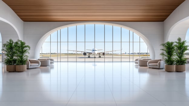 sleek modern airport lounge with large windows showcasing airplane photo