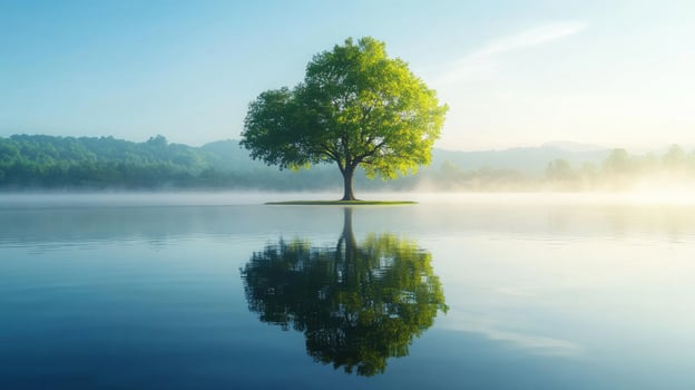 A solitary tree stands on an island, reflected in a tranquil lake surrounded by misty hills. photo