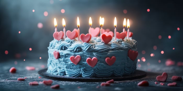 Colorful heart-themed birthday cake with candles lit for celebration in a festive atmosphere photo