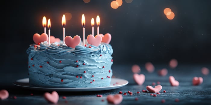 Celebratory blue cake with heart decorations and lit candles for a special occasion photo