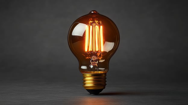 Glowing amber LED Edison bulb on dark background. photo