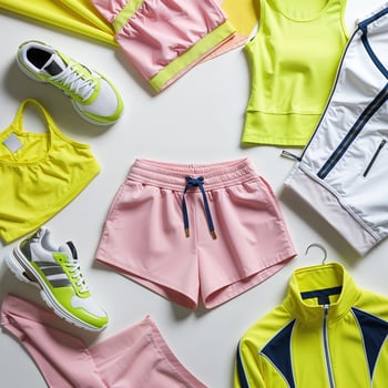 Vibrant athletic wear display featuring shorts, tops, and shoes in a bright and colorful arrangement photo