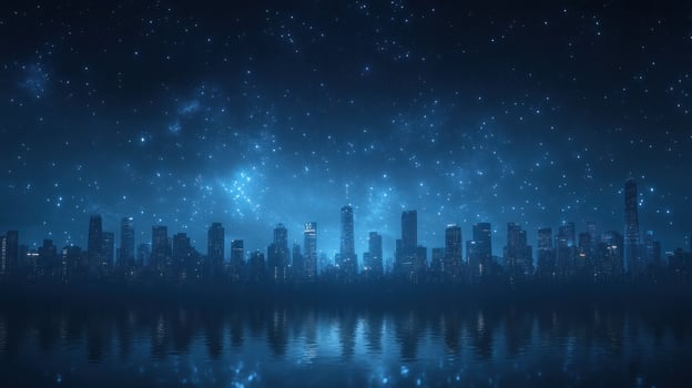 City skyline reflected in water under a starry night sky. photo