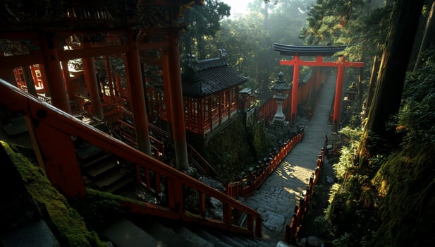 Japanese Shrine, Verdant Pathway. Ancient wooden structures, red torii gates, and a serene path winding through lush forest photo
