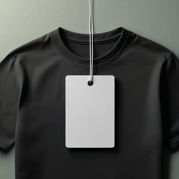 Classic black t-shirt displayed with a blank tag hanging from a string in a minimal setting, emphasizing simplicity and style photo