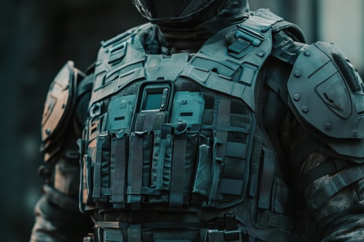 A close-up of a tactical vest worn by a soldier, featuring various equipment and pouches. photo