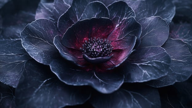 A close-up of a dark, intricate flower with deep colors and fine details photo