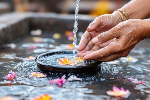 Woman performing hinduist ritual collecting water with flowers in stone fountain photo