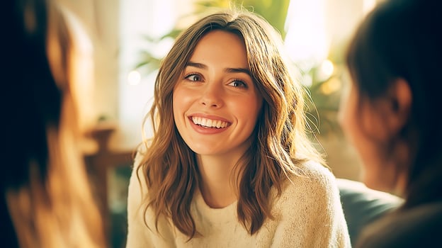 A young woman with a radiant smile enjoys a heartfelt conversation with friends in a cozy, warmly lit indoor setting. photo