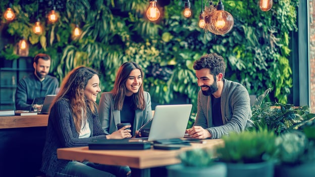 A group of professionals collaborating in a modern coworking space with lush greenery, laptops, and warm lighting. photo
