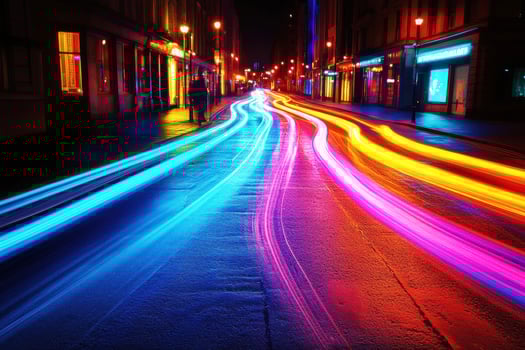 Vibrant light trails illuminate a city street at night photo