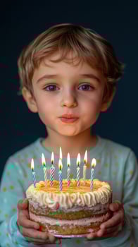 Young child celebrates birthday with cake and candles in cozy indoor setting at evening photo