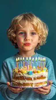 Young child with curly hair blowing out birthday cake candles in a cozy indoor setting photo