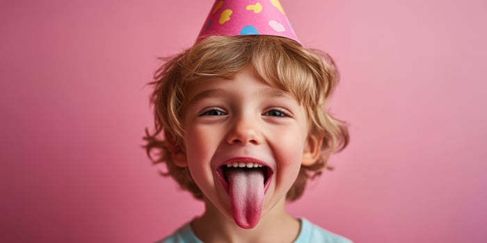 Child celebrates birthday with party hat, playful expression, and sticky tongue against a pink background photo
