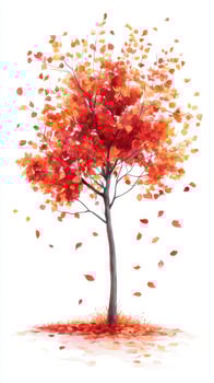 Vibrant autumn tree shedding leaves in warm hues of red and orange against a clean background photo