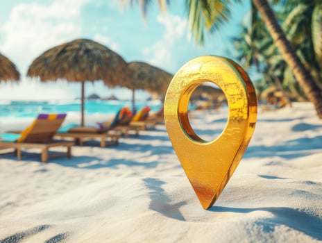 Location marker stands on sandy beach with lounge chairs nearby photo